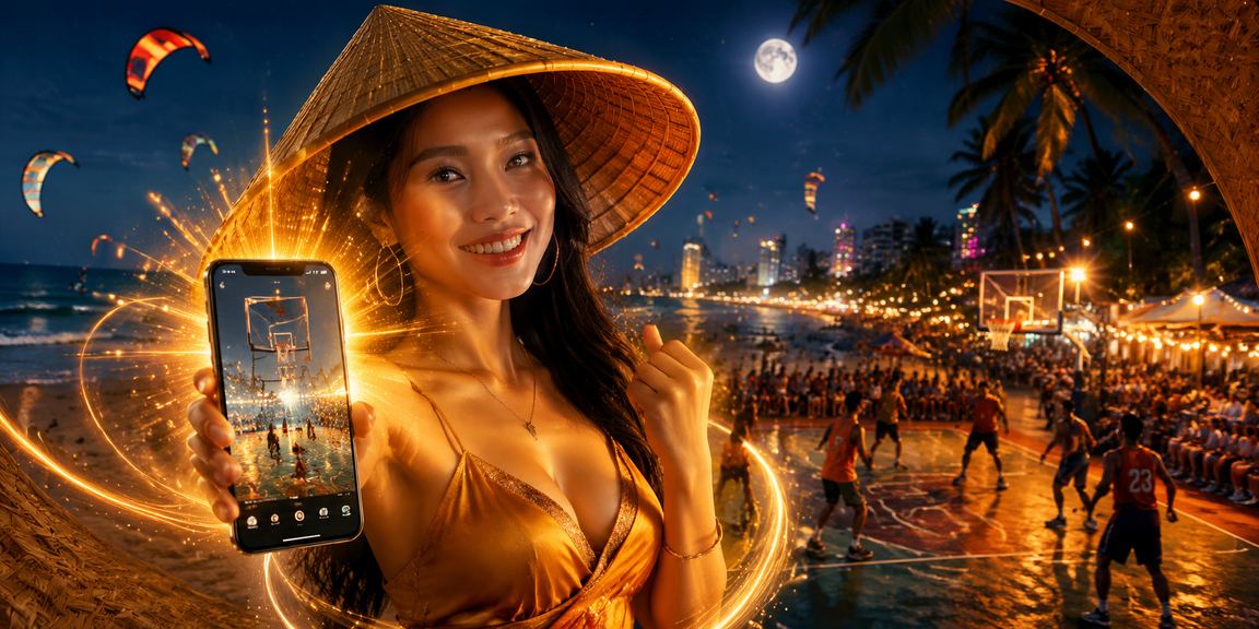 Người dùng tại Mũi Né xem bóng rổ và kiểm tra thanh toán trên điện thoại dưới nắng biển